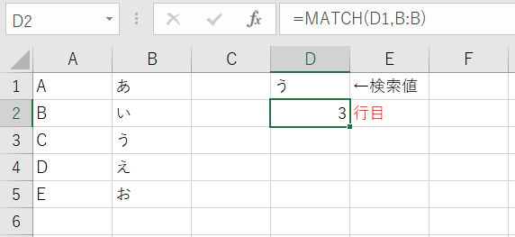 「う」は3行目にあるので、結果は「3」となります。