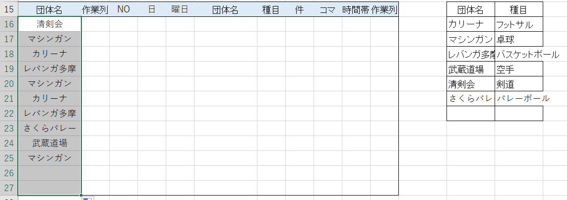 日・団体名昇順に並び替える